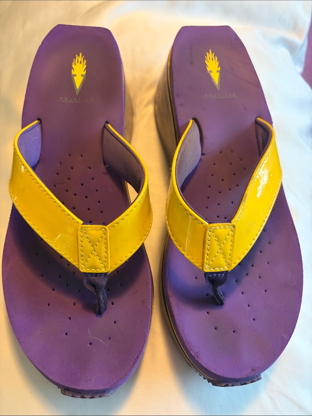 Volatile Women's Yellow Patent Strap Sandals with Purple Footbed